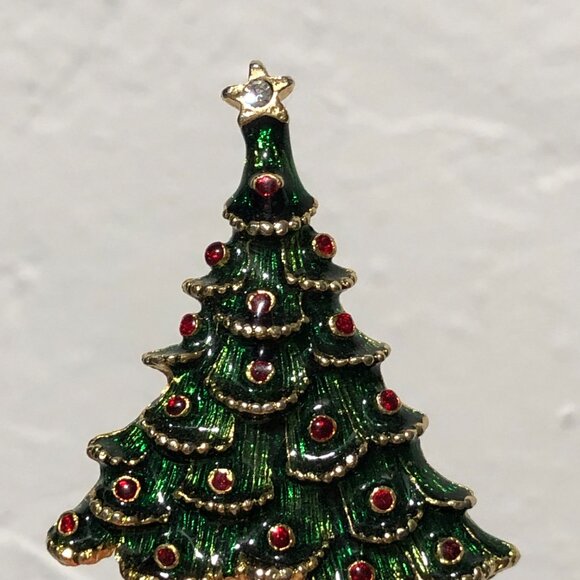 Vintage Christmas Tree Gold Green Red Brooch Pin - Picture 3 of 4